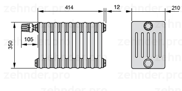 Схема (чертеж) Радиатор Zehnder Charleston 6035/9 №V012 Белый глянцевый RAL 9016